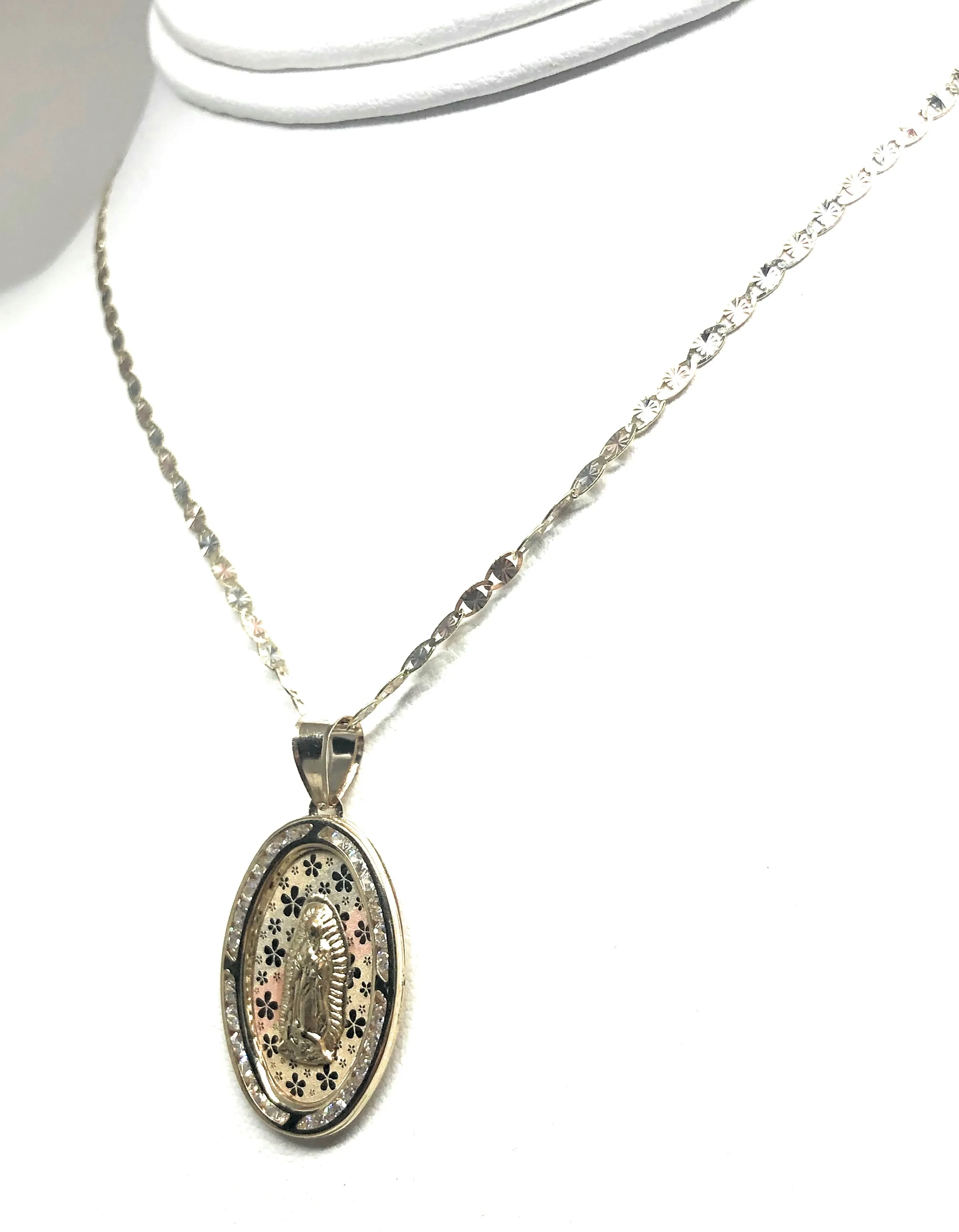 10k Solid Gold Tri-Color Virrgin Mary Oval Flower Print CZ Pendant Necklace Virrgen Gaudalupe (LG,MED,SM)