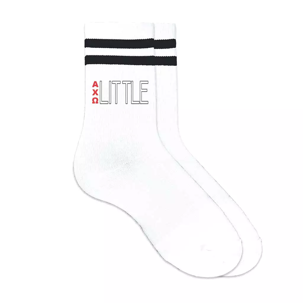 Alpha Chi Omega Sorority Socks for your Big and Little with Greek Letters on Striped Cotton Crew Socks