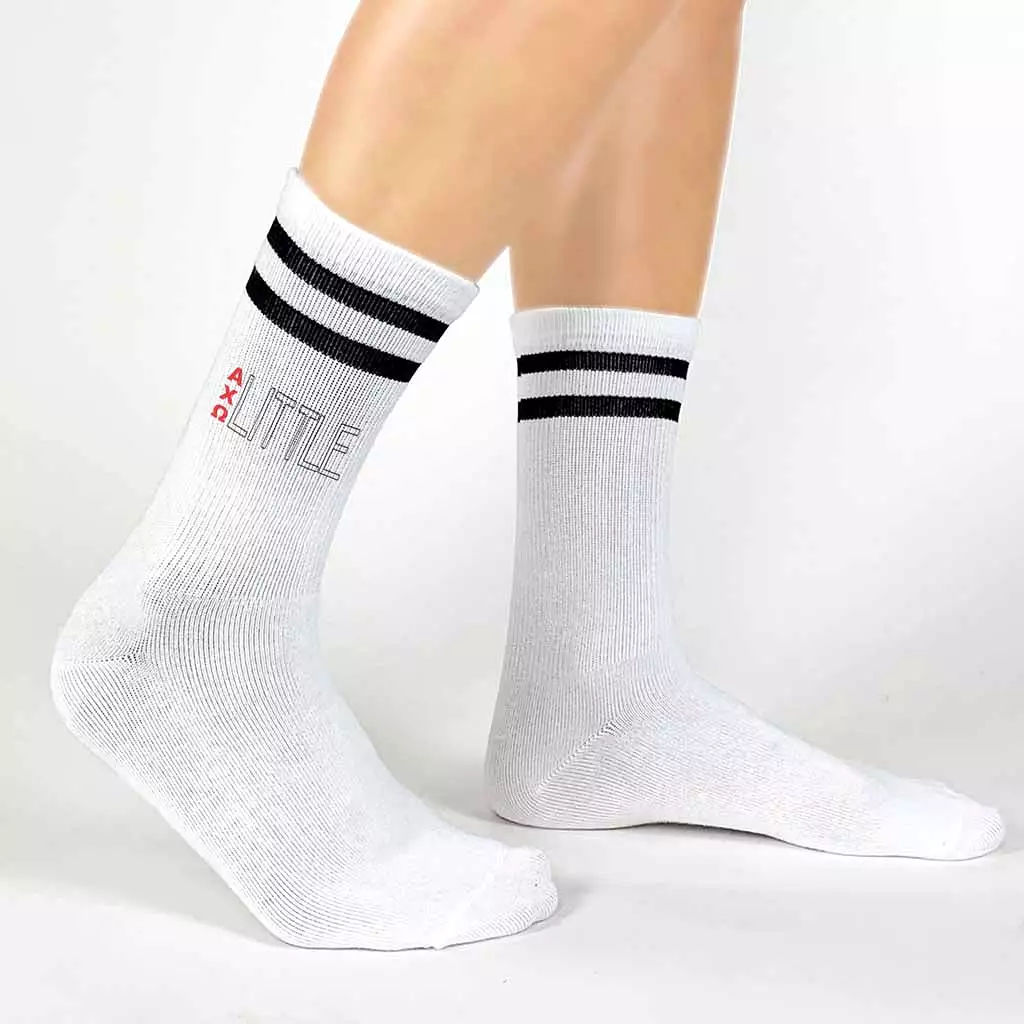 Alpha Chi Omega Sorority Socks for your Big and Little with Greek Letters on Striped Cotton Crew Socks