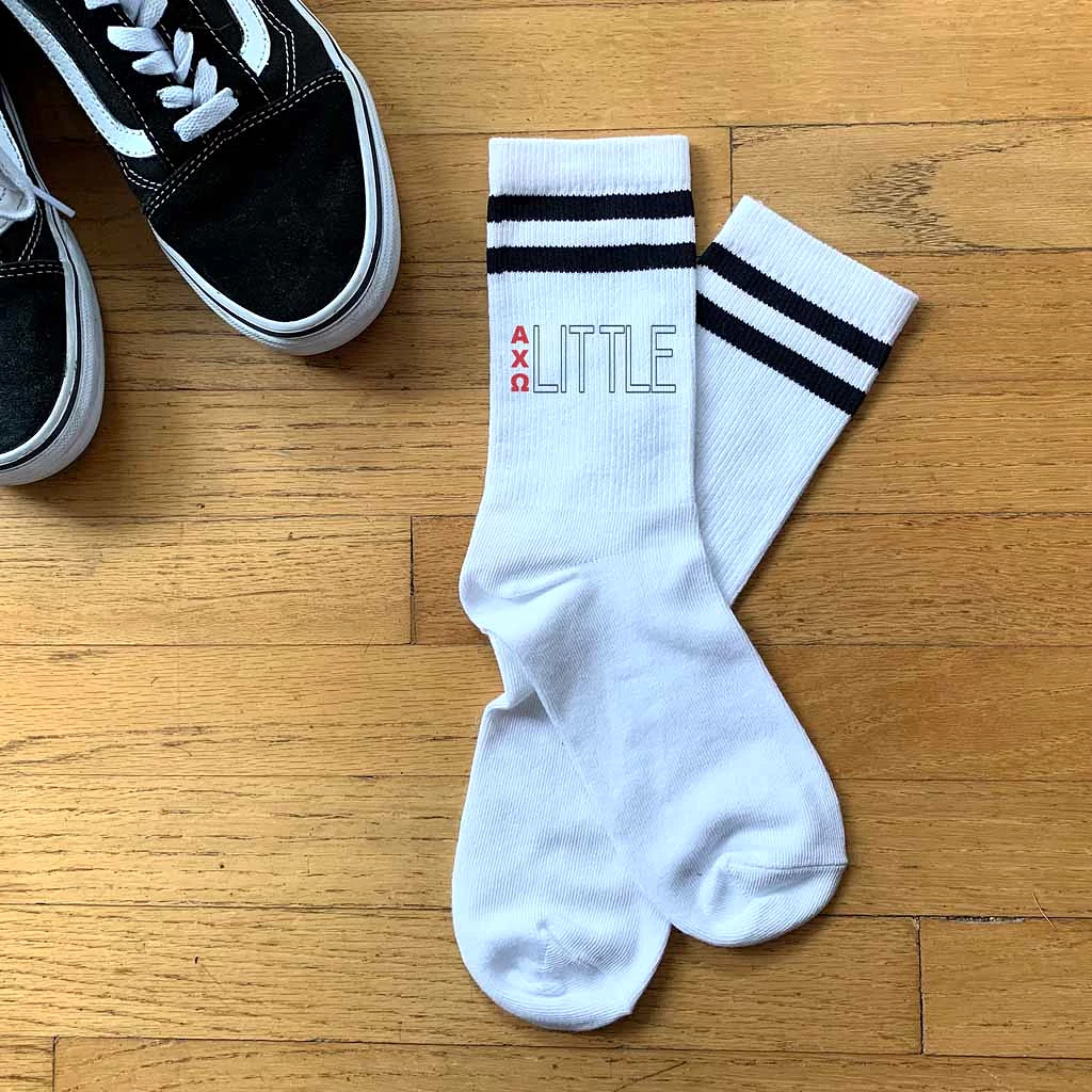 Alpha Chi Omega Sorority Socks for your Big and Little with Greek Letters on Striped Cotton Crew Socks