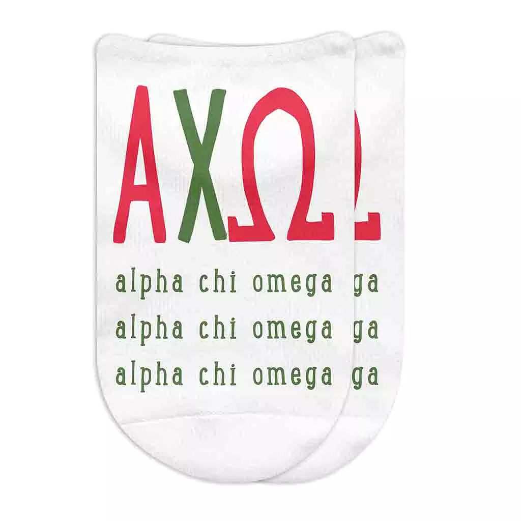 Alpha Chi Omega Sorority Socks with Large Greek Letters, Printed on No Show Socks