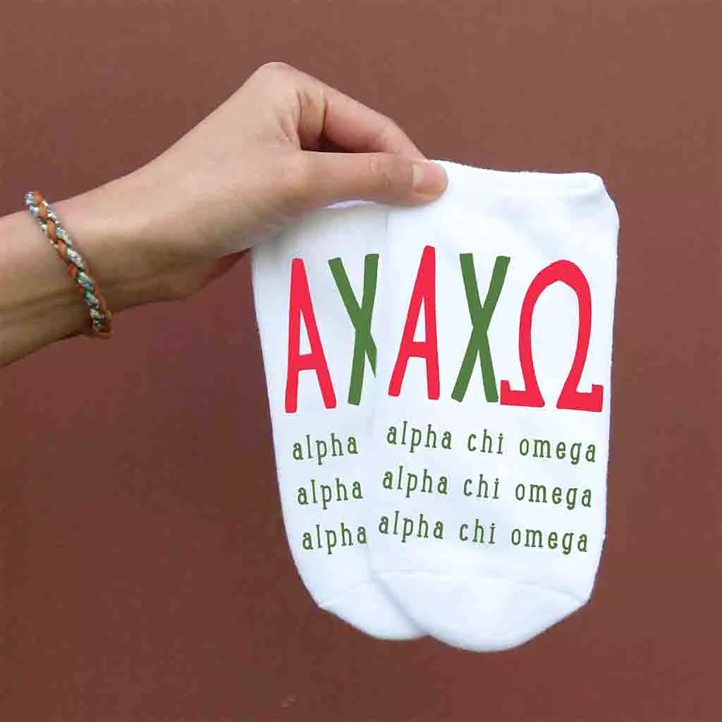 Alpha Chi Omega Sorority Socks with Large Greek Letters, Printed on No Show Socks