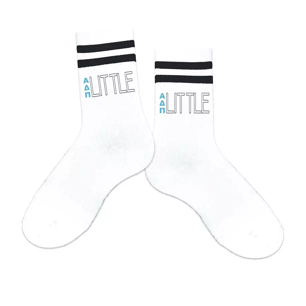 Alpha Delta Pi Sorority Socks for your Big and Little with Greek Letters on Striped Cotton Crew Socks