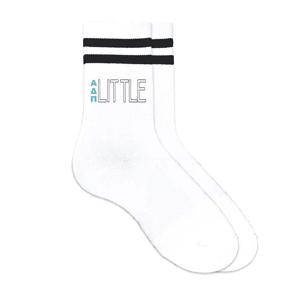 Alpha Delta Pi Sorority Socks for your Big and Little with Greek Letters on Striped Cotton Crew Socks