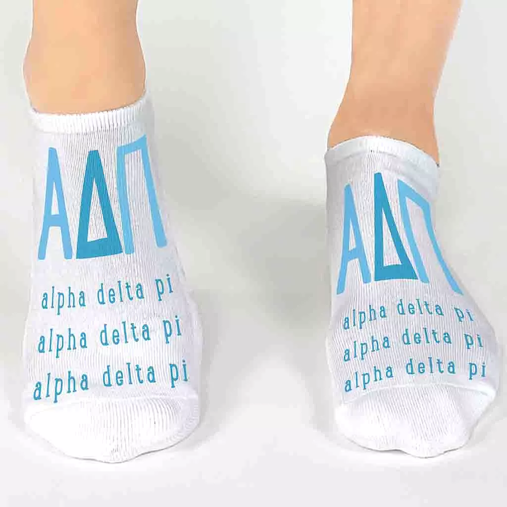 Alpha Delta Pi Sorority Socks with Large Greek Letters, Sorority Letters Printed on No Show Socks