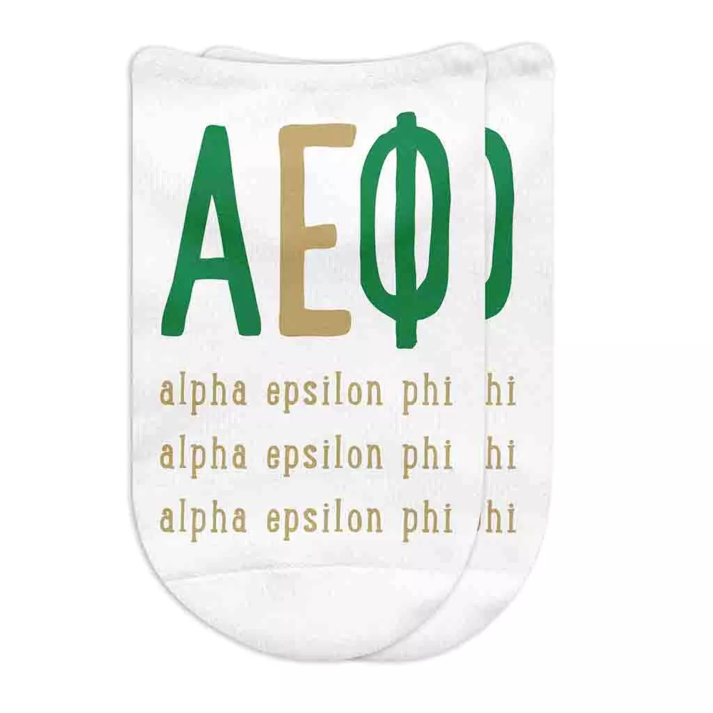 Alpha Epsilon Phi Sorority Socks with Large Greek Letters, Printed on No Show Socks