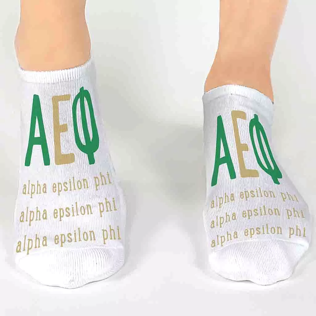 Alpha Epsilon Phi Sorority Socks with Large Greek Letters, Printed on No Show Socks