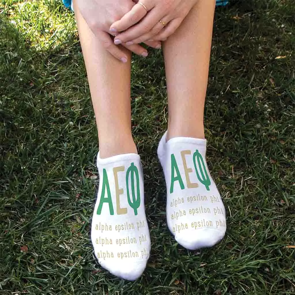 Alpha Epsilon Phi Sorority Socks with Large Greek Letters, Printed on No Show Socks