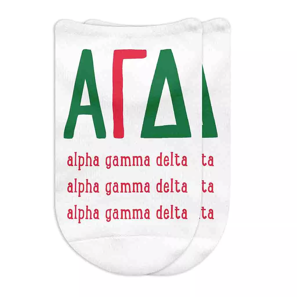 Alpha Gamma Delta Sorority Socks with Large Greek Letters, Printed on No Show Socks