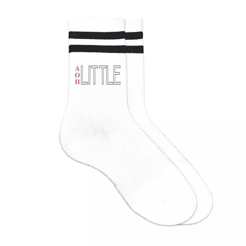 Alpha Omicron Pi Sorority Socks for your Big and Little with Greek Letters on Striped Cotton Crew Socks