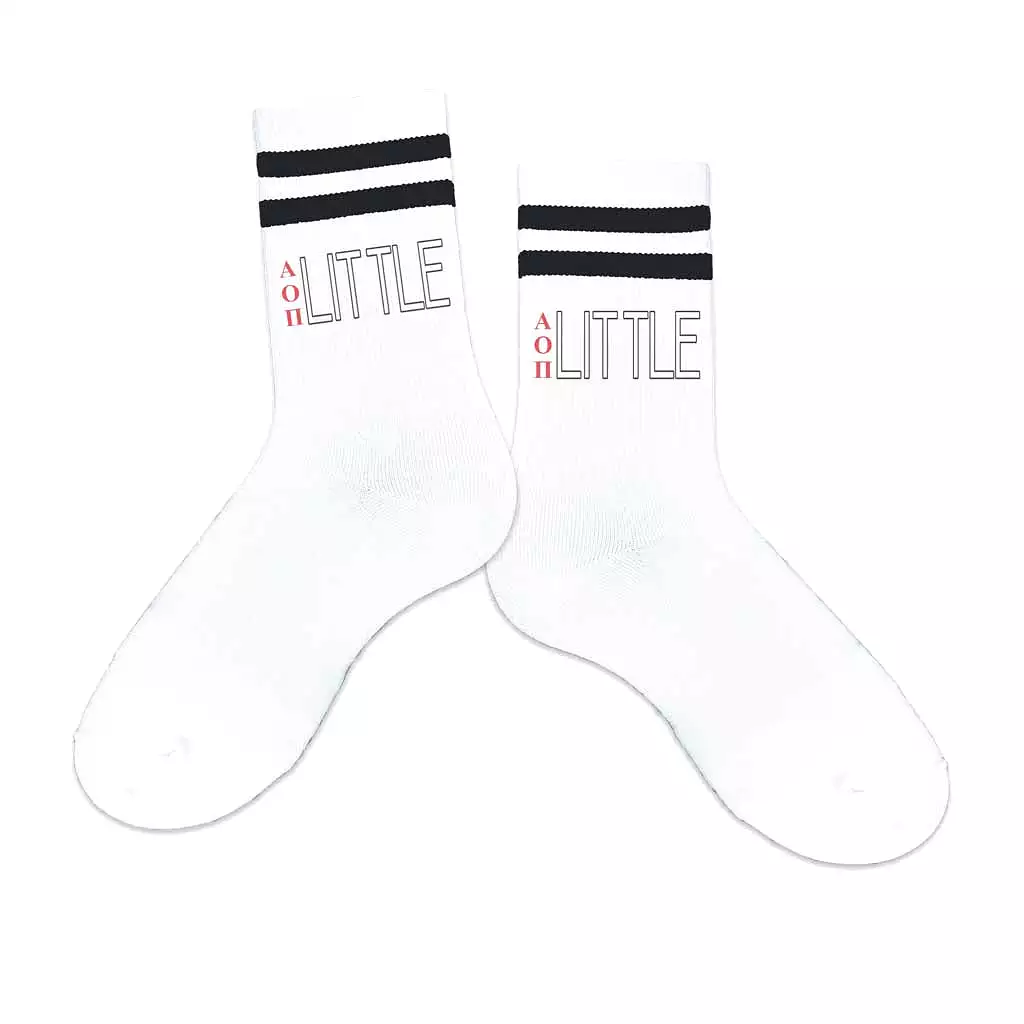 Alpha Omicron Pi Sorority Socks for your Big and Little with Greek Letters on Striped Cotton Crew Socks