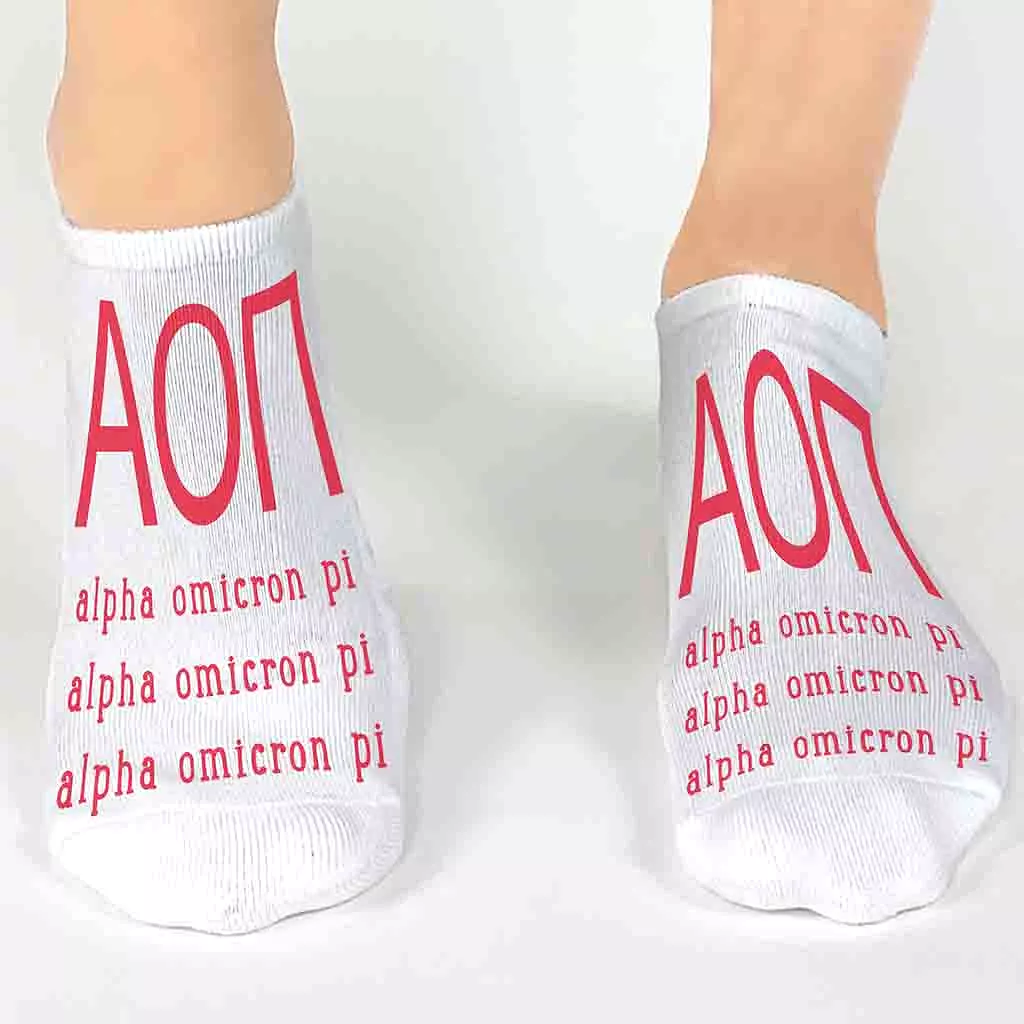 Alpha Omicron Pi  Sorority Socks with Large Greek Letters Printed on No Show Socks