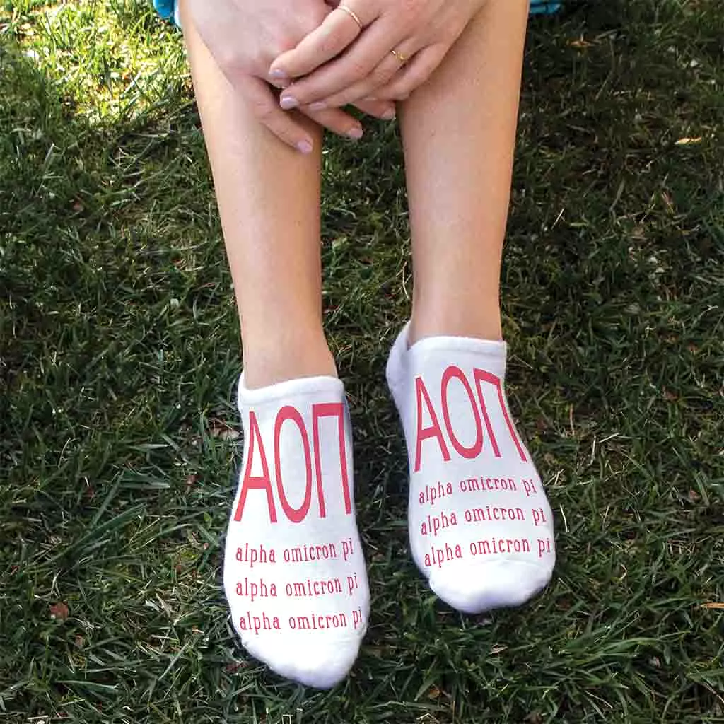 Alpha Omicron Pi  Sorority Socks with Large Greek Letters Printed on No Show Socks