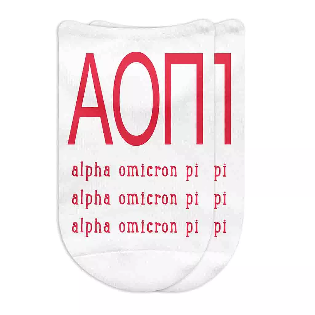 Alpha Omicron Pi  Sorority Socks with Large Greek Letters Printed on No Show Socks