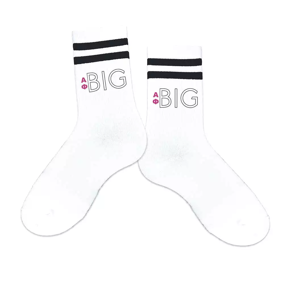 Alpha Phi Sorority Socks for your Big and Little with Greek Letters on Striped Cotton Crew Socks