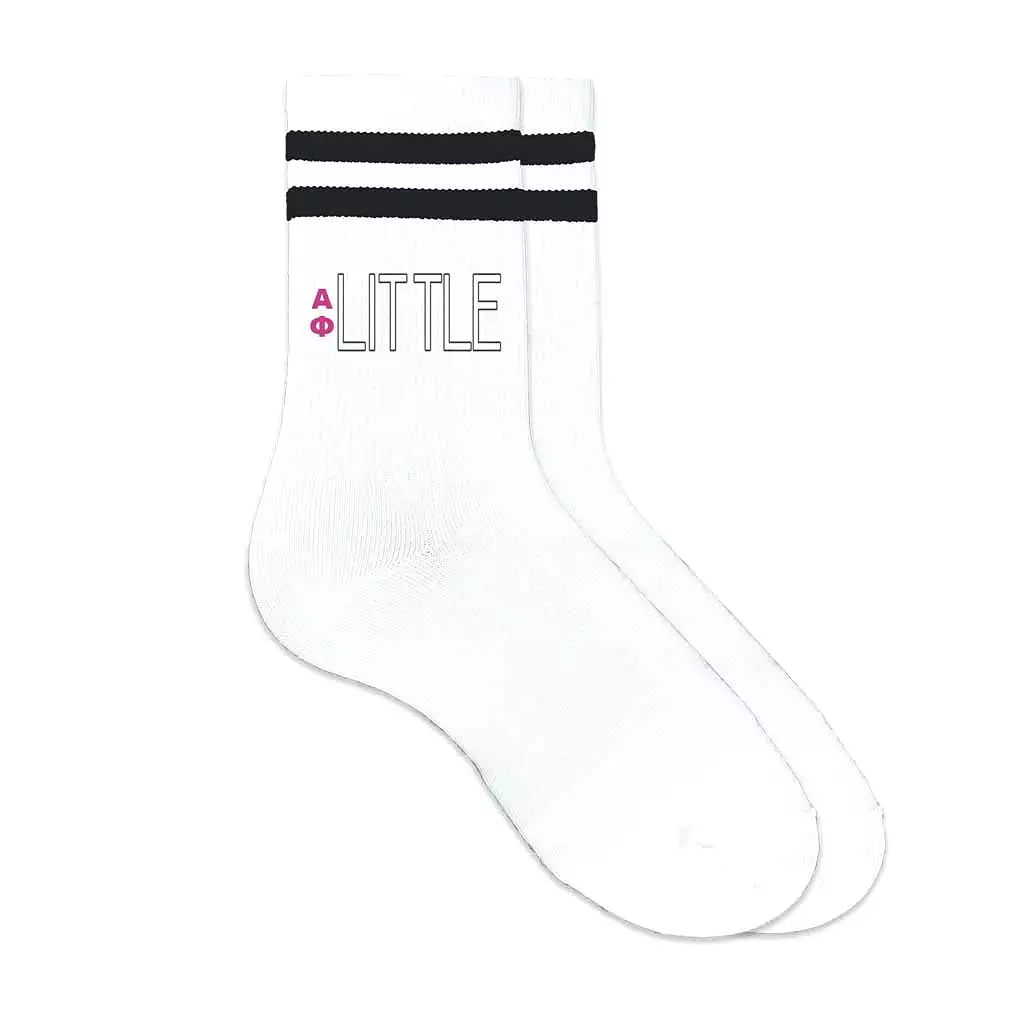 Alpha Phi Sorority Socks for your Big and Little with Greek Letters on Striped Cotton Crew Socks