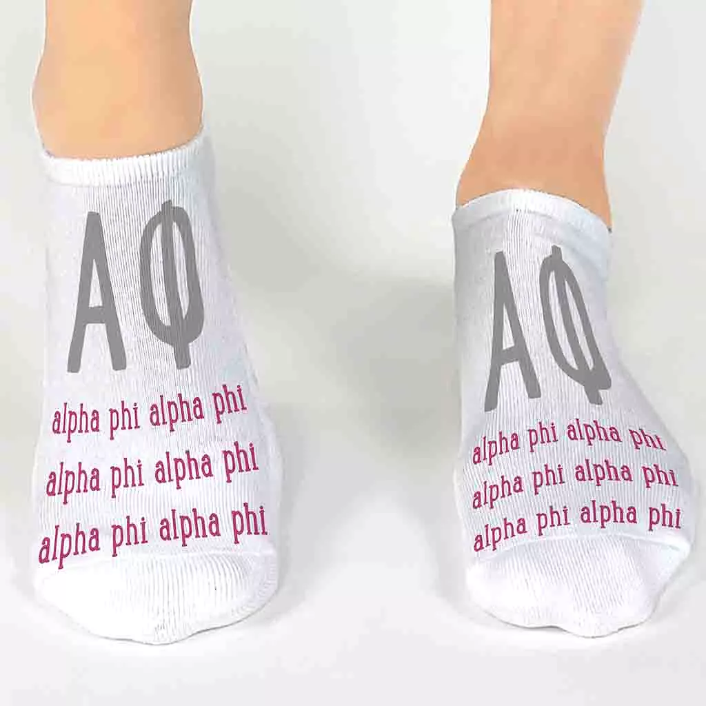 Alpha Phi Sorority Socks with Large Greek Letters, Printed on No Show Socks