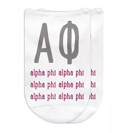 Alpha Phi Sorority Socks with Large Greek Letters, Printed on No Show Socks