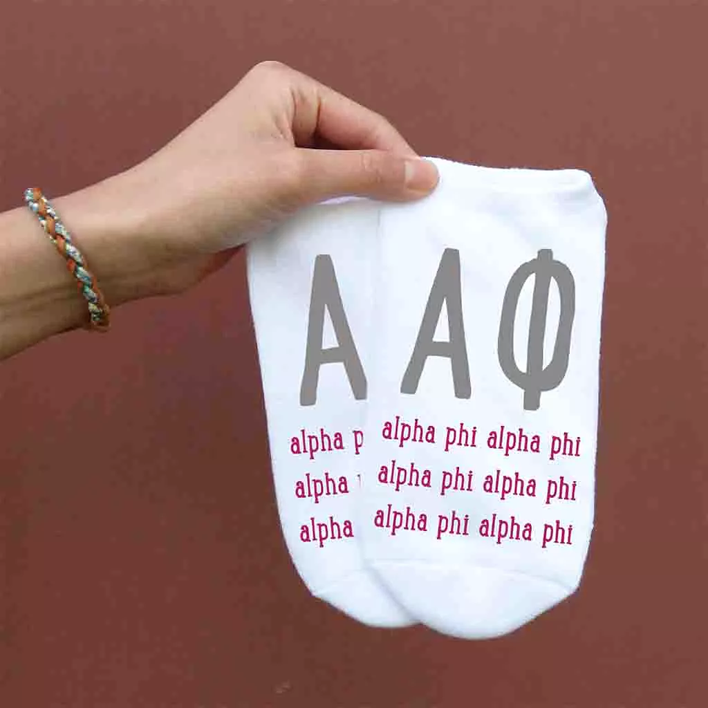 Alpha Phi Sorority Socks with Large Greek Letters, Printed on No Show Socks