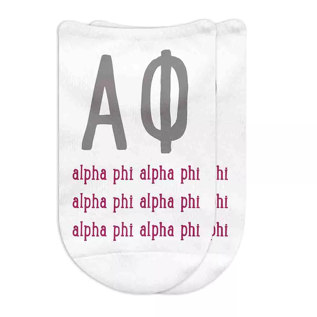 Alpha Phi Sorority Socks with Large Greek Letters, Printed on No Show Socks