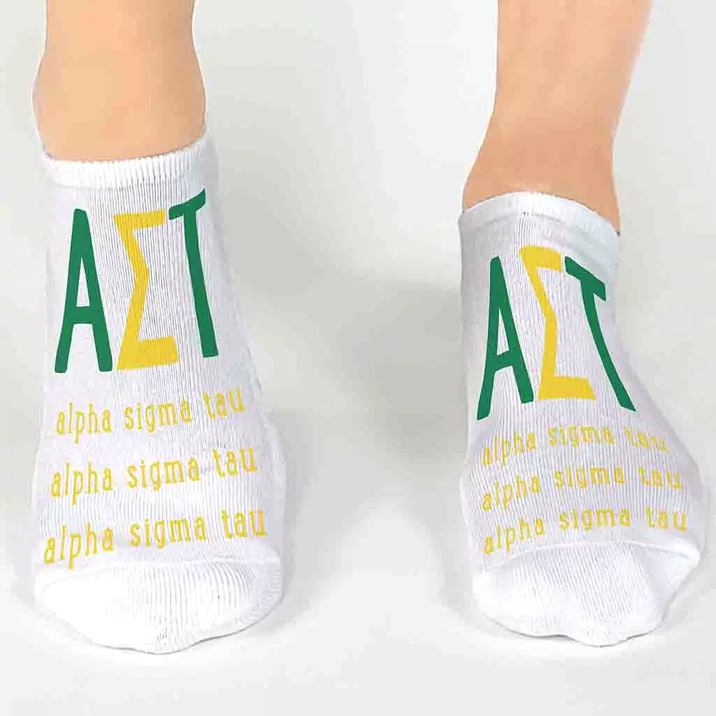 Alpha Sigma Tau Sorority Socks with Large Greek Letters, Printed on No Show Socks