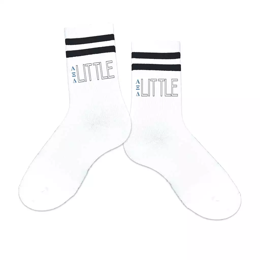 Alpha Xi Delta Sorority Socks for your Big and Little with Greek Letters on Striped Cotton Crew Socks