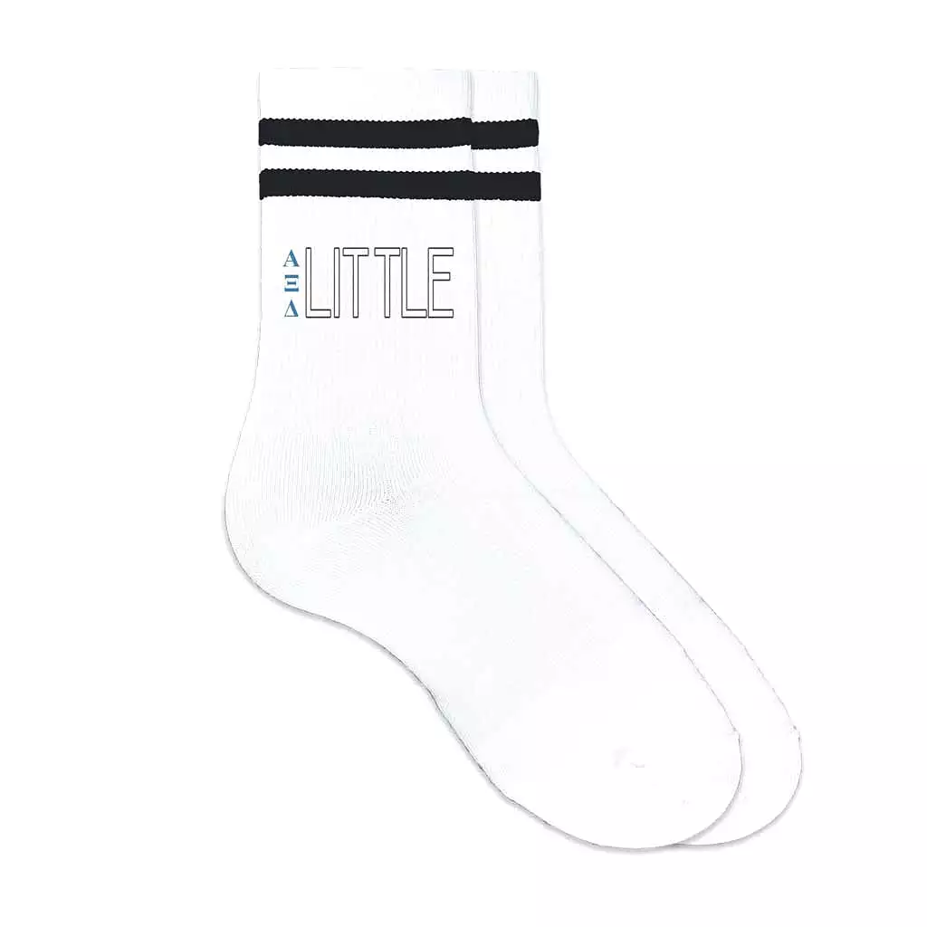 Alpha Xi Delta Sorority Socks for your Big and Little with Greek Letters on Striped Cotton Crew Socks