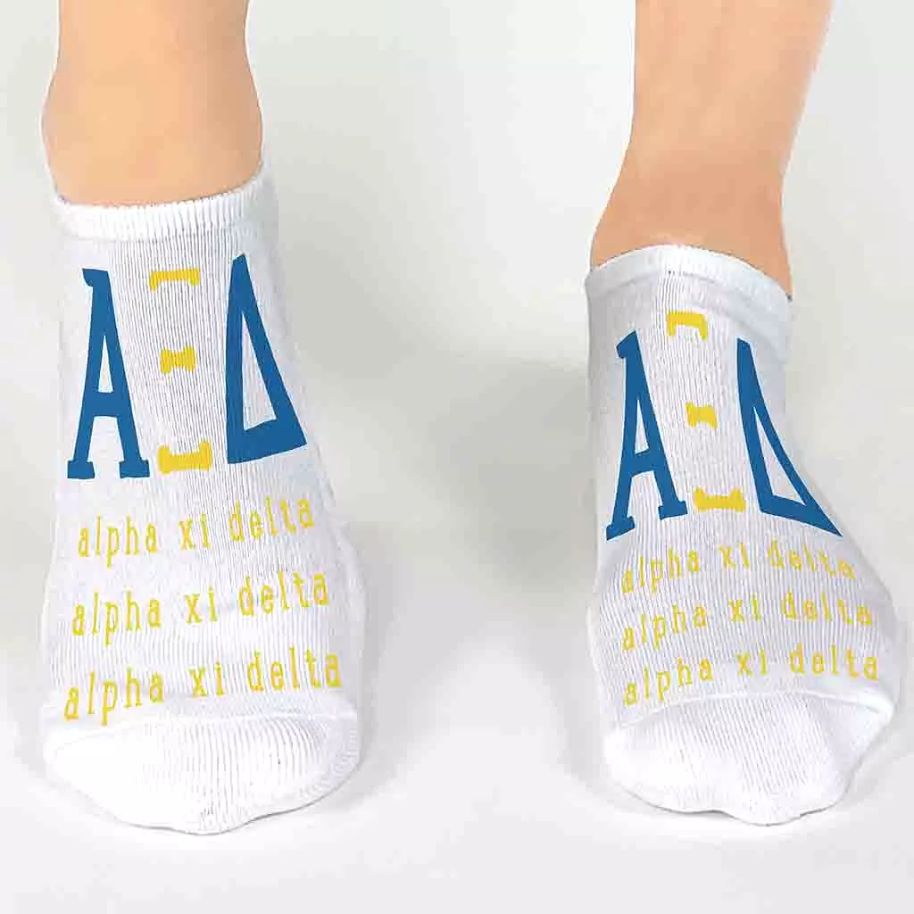 Alpha Xi Delta Sorority Socks with Large Greek Letters, Printed on No Show Socks