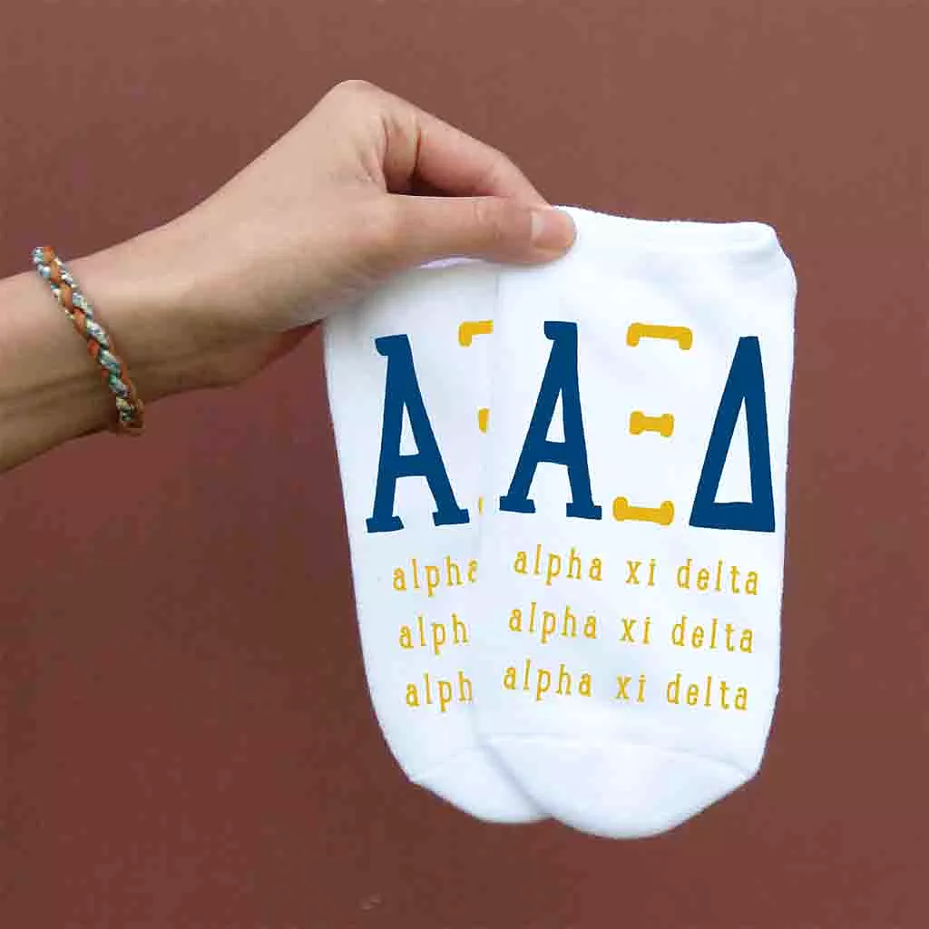 Alpha Xi Delta Sorority Socks with Large Greek Letters, Printed on No Show Socks