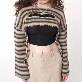 Ashore Shop Vintage Stripe Knitting Crop Top Grunge Aesthetic 90 00s T-Shirts Hollow Out Y2k Pullovers Long Sleeve Top Streetwea