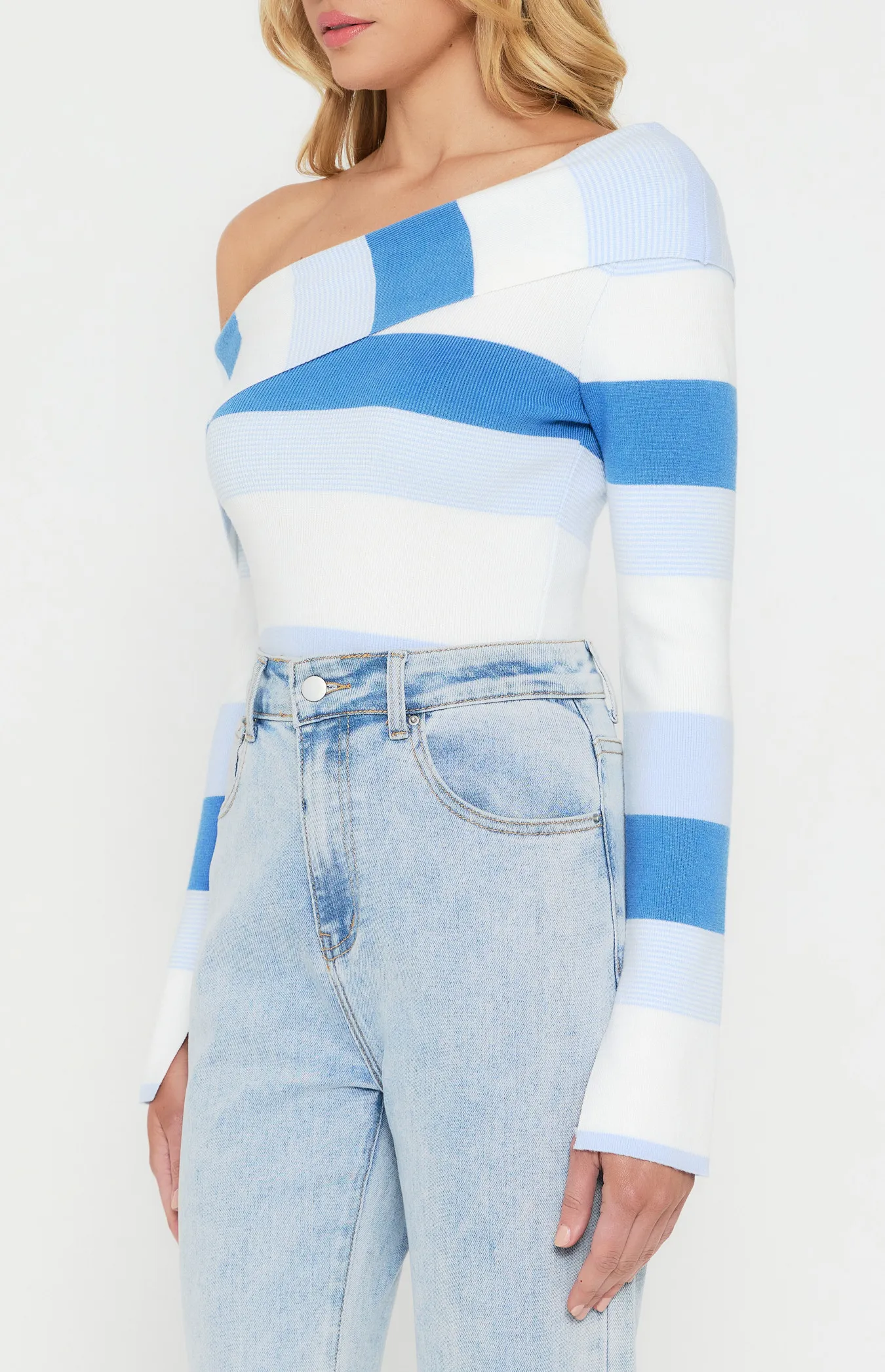 Asymmetric Neckline Striped Knit Top (SKN677)