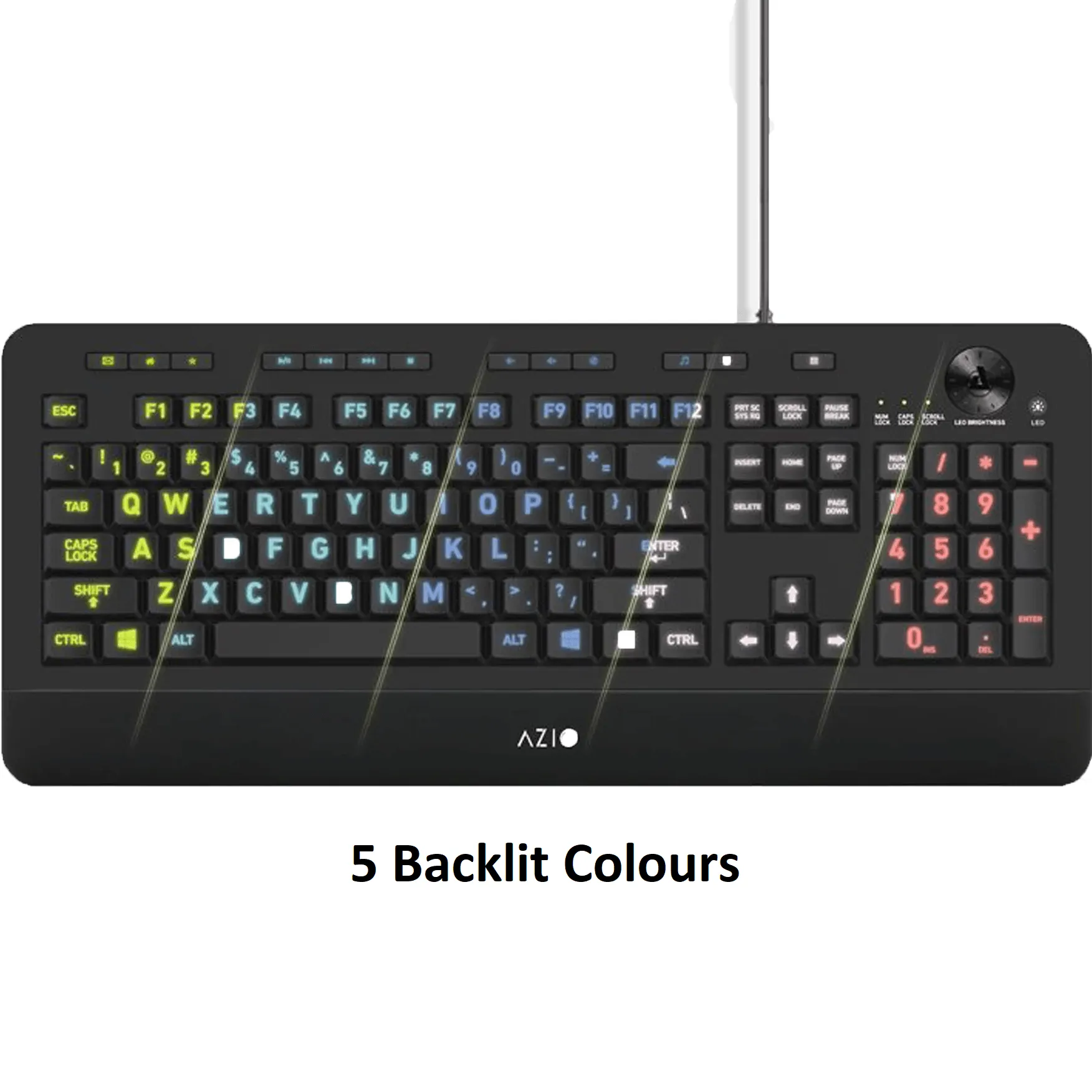 AZIO KB506 Large Font Letters Print 5-Colour Backlit Wired Keyboard Easy To See