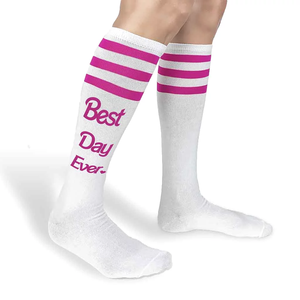 Best Day Ever Knee High Socks with Barbie Pink Stripes