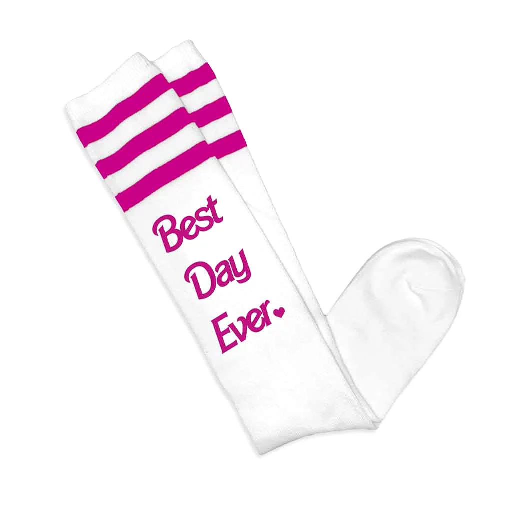 Best Day Ever Knee High Socks with Barbie Pink Stripes