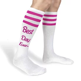 Best Day Ever Knee High Socks with Barbie Pink Stripes