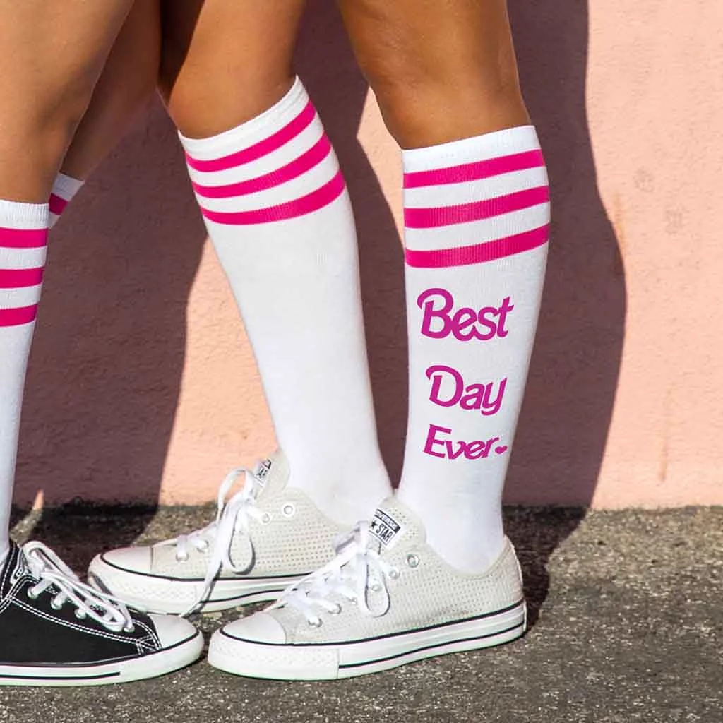 Best Day Ever Knee High Socks with Barbie Pink Stripes