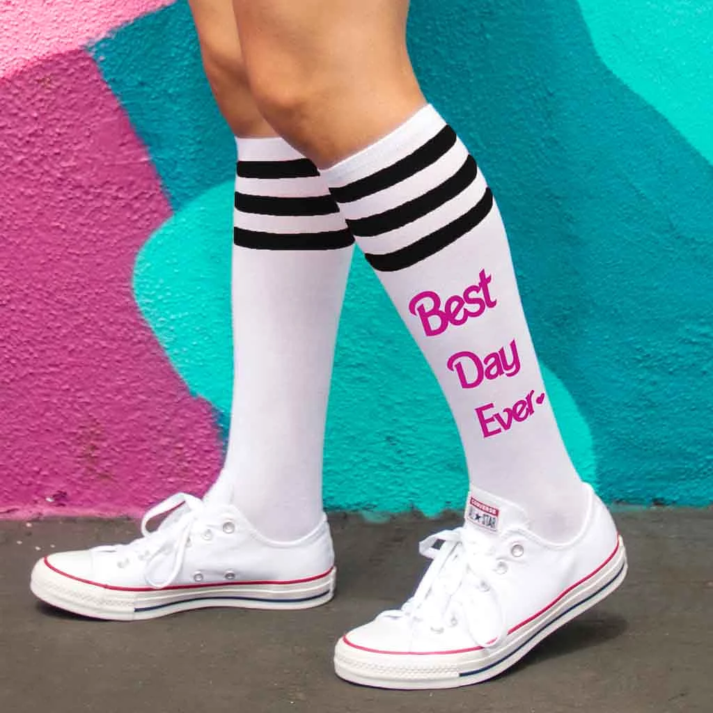 Best Day Ever Knee High Socks with Barbie Pink Stripes