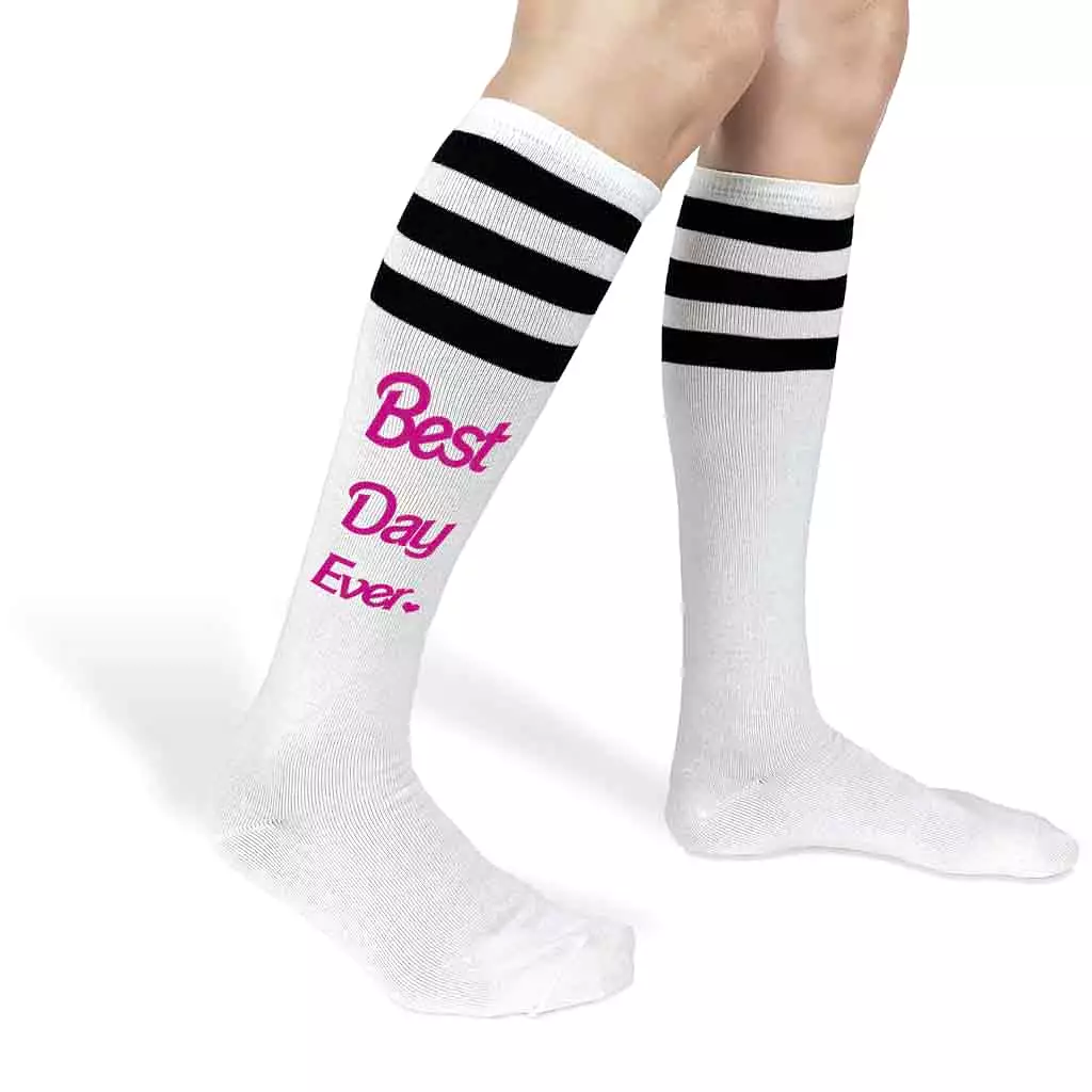 Best Day Ever Knee High Socks with Barbie Pink Stripes