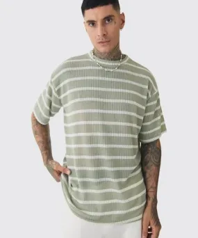 boohoo Mens Tall Stripe Knit Relaxed T-Shirt