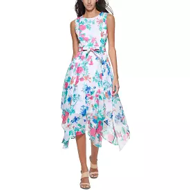 Calvin Klein Womens Petites Floral Print Midi Fit & Flare Dress