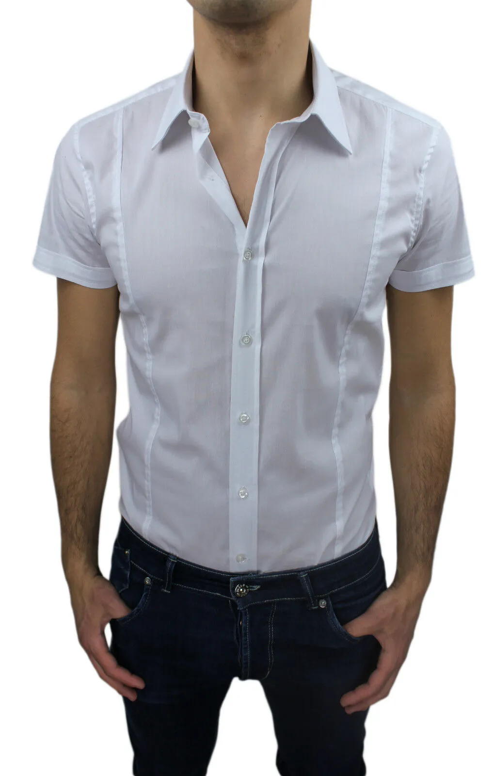 CAMICIA UOMO CASUAL BIANCA ESTIVA MANICHE CORTE NUOVA IN COTONE tg S M L XL XXL