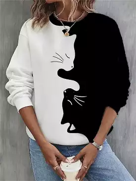 Casual Cat Print Women's Sweatshirt with Round Neck - Black, White, and Dark Gray