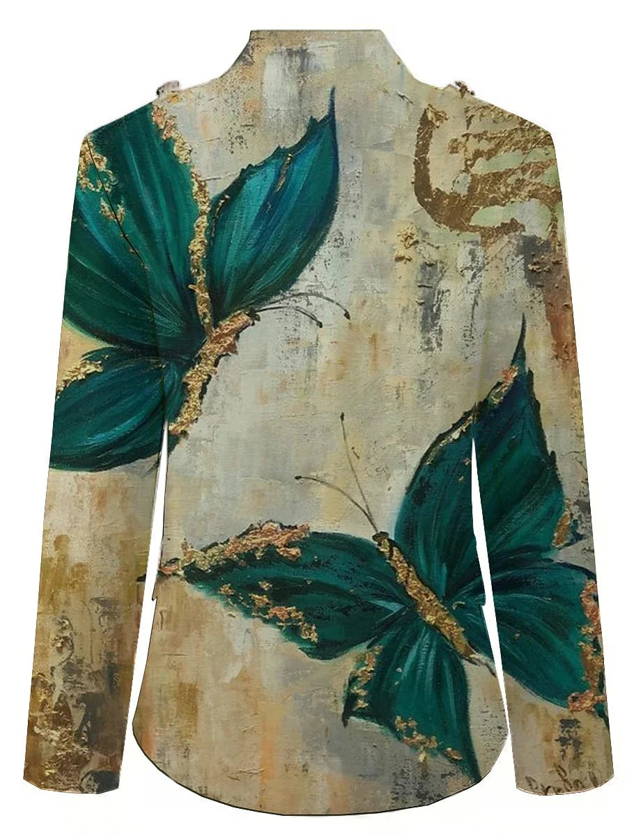 Casual Light Green Butterfly Print Women's Jacket