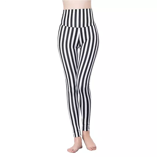 Casual Stripe Leggings Vertical Stripe Slim Sexy Black White Grid Leggings