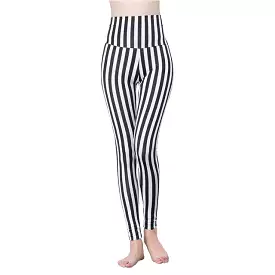 Casual Stripe Leggings Vertical Stripe Slim Sexy Black White Grid Leggings