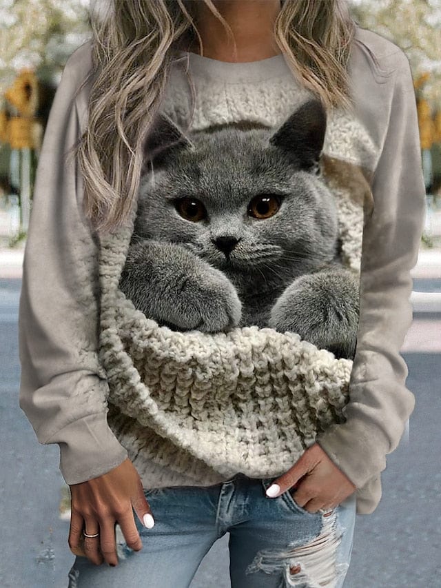 Cat Print Women's Sweatshirt Pullover for Active Sports and Casual Wear