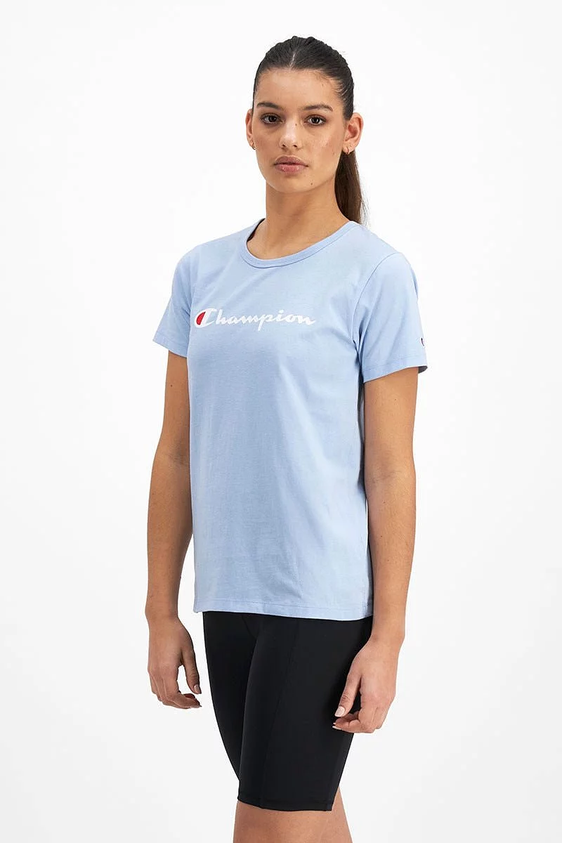 CHAMPION WOMEN'S SCRIPT SHORT BLUE SLEEVE TEE