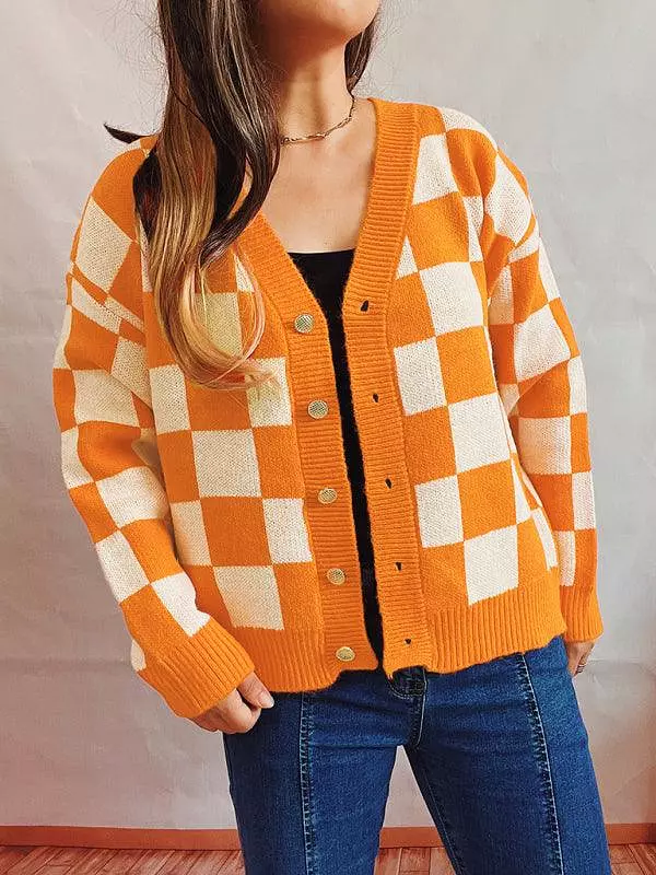 Checkerboard Contrast Women Cardigan Sweater