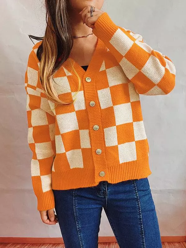 Checkerboard Contrast Women Cardigan Sweater