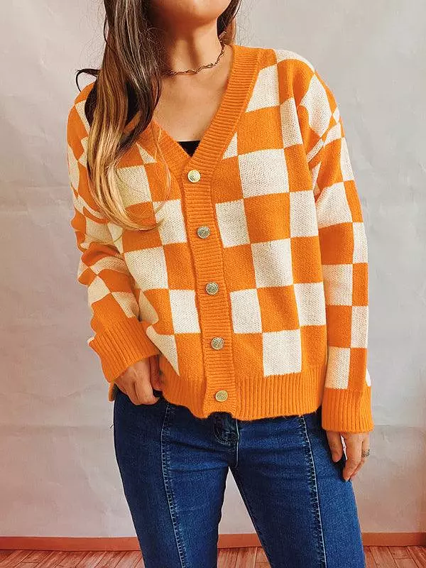 Checkerboard Contrast Women Cardigan Sweater